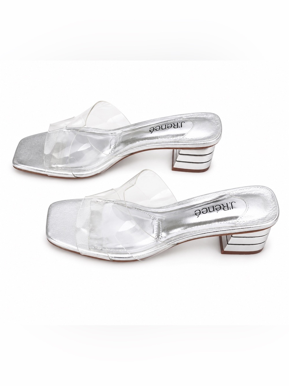 J. Renee Clear Strap Silver Block Heel Sandals Size 8W Womens Shoes
